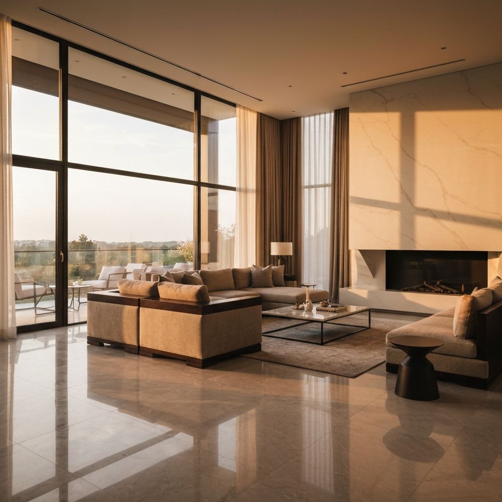 Luxury property interior with warm golden sunlight