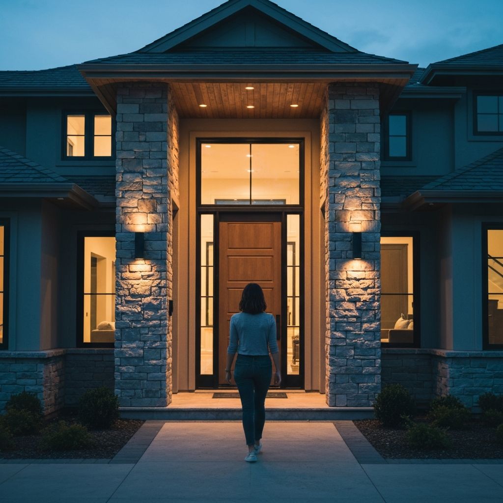 Luxury home entrance at dusk